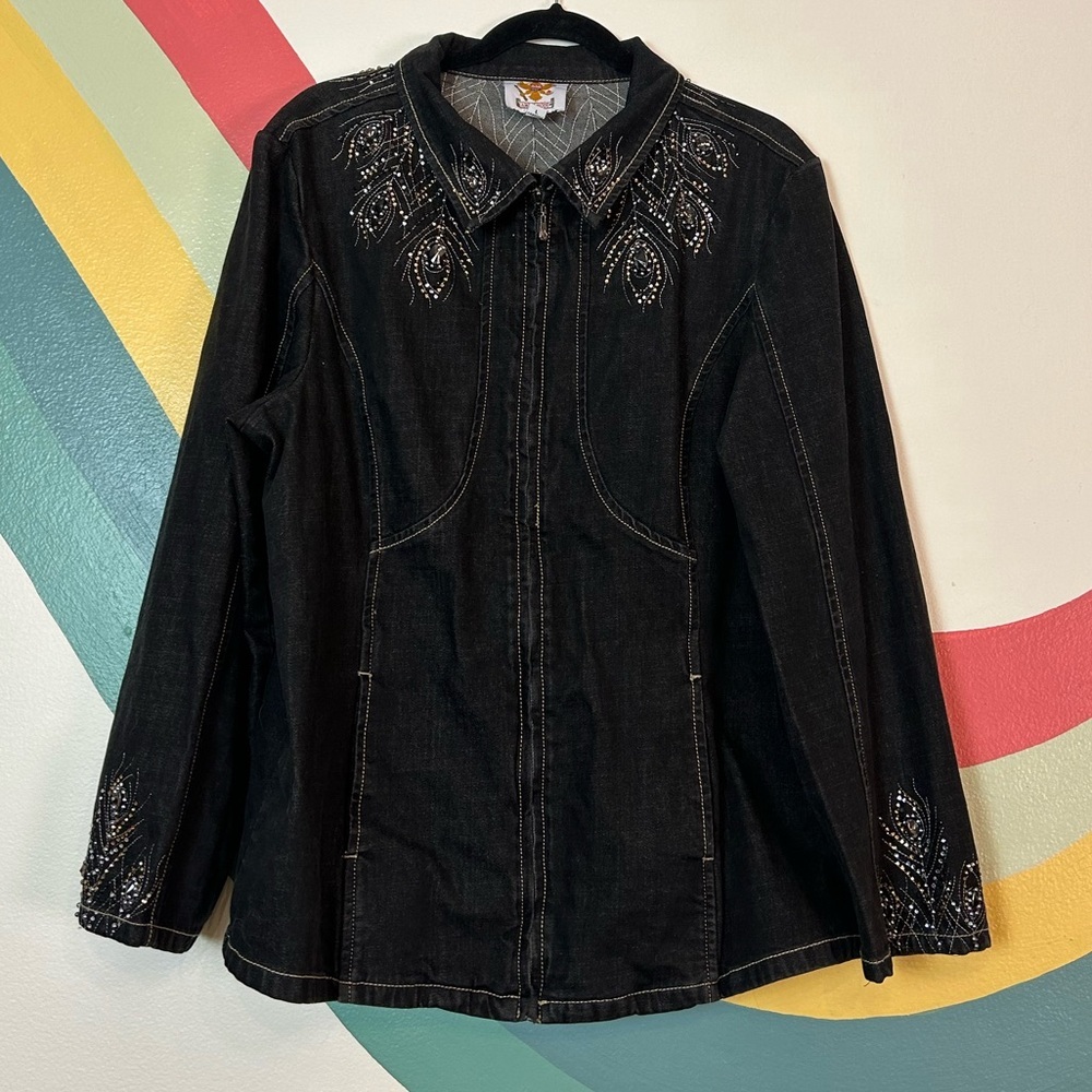 Ameri Mode Denim Embellished Peacock Rhinestone Z… - image 1